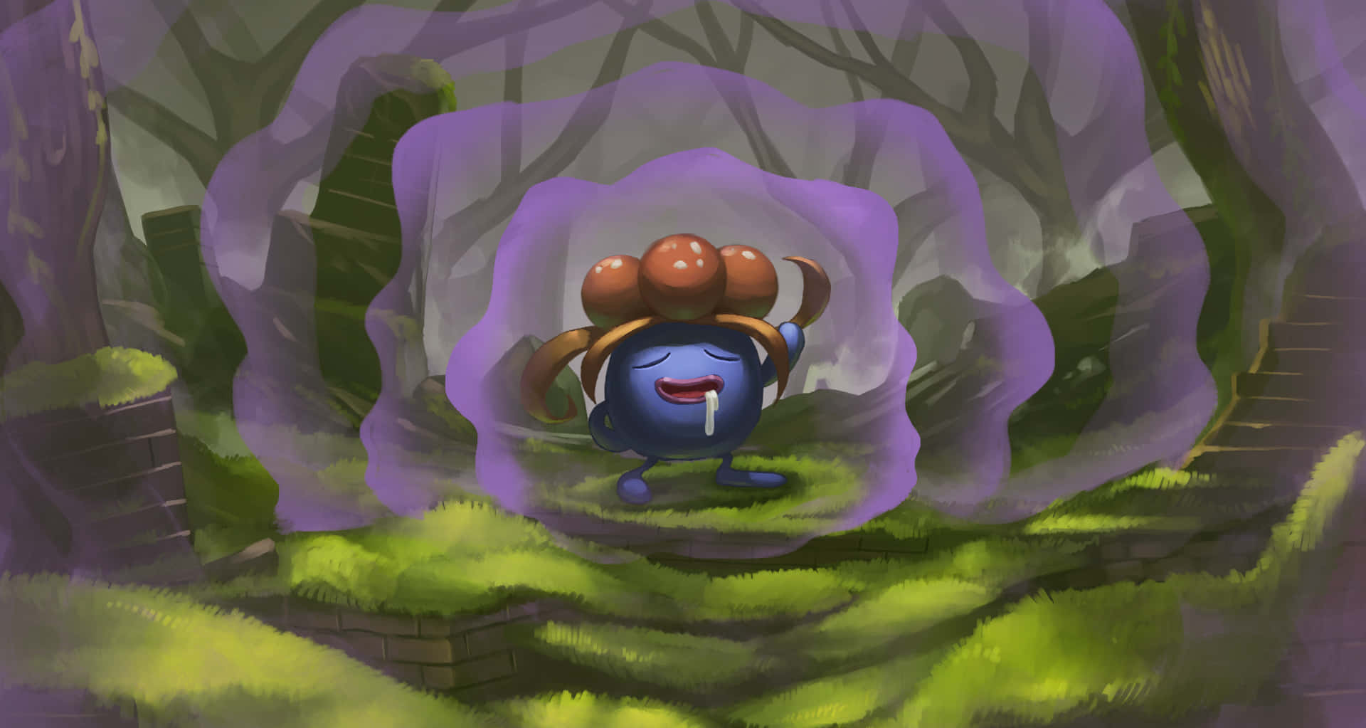 Oddish, blue cartoon creature, orange mushroom-like hair, Full HD Desktop Wallpaper
