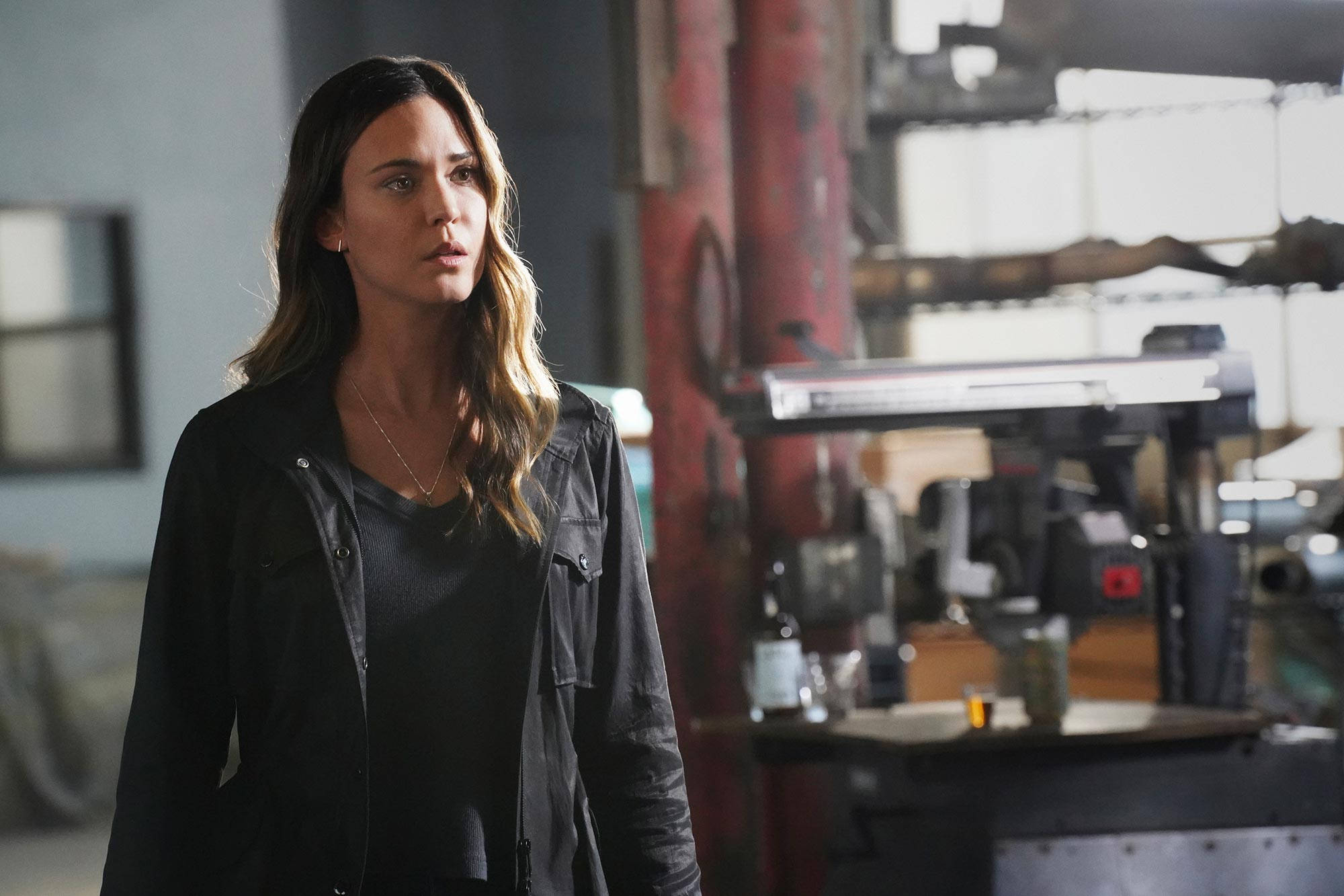 Odette Annable, black jacket, dim industrial workshop, Full HD Desktop Wallpaper