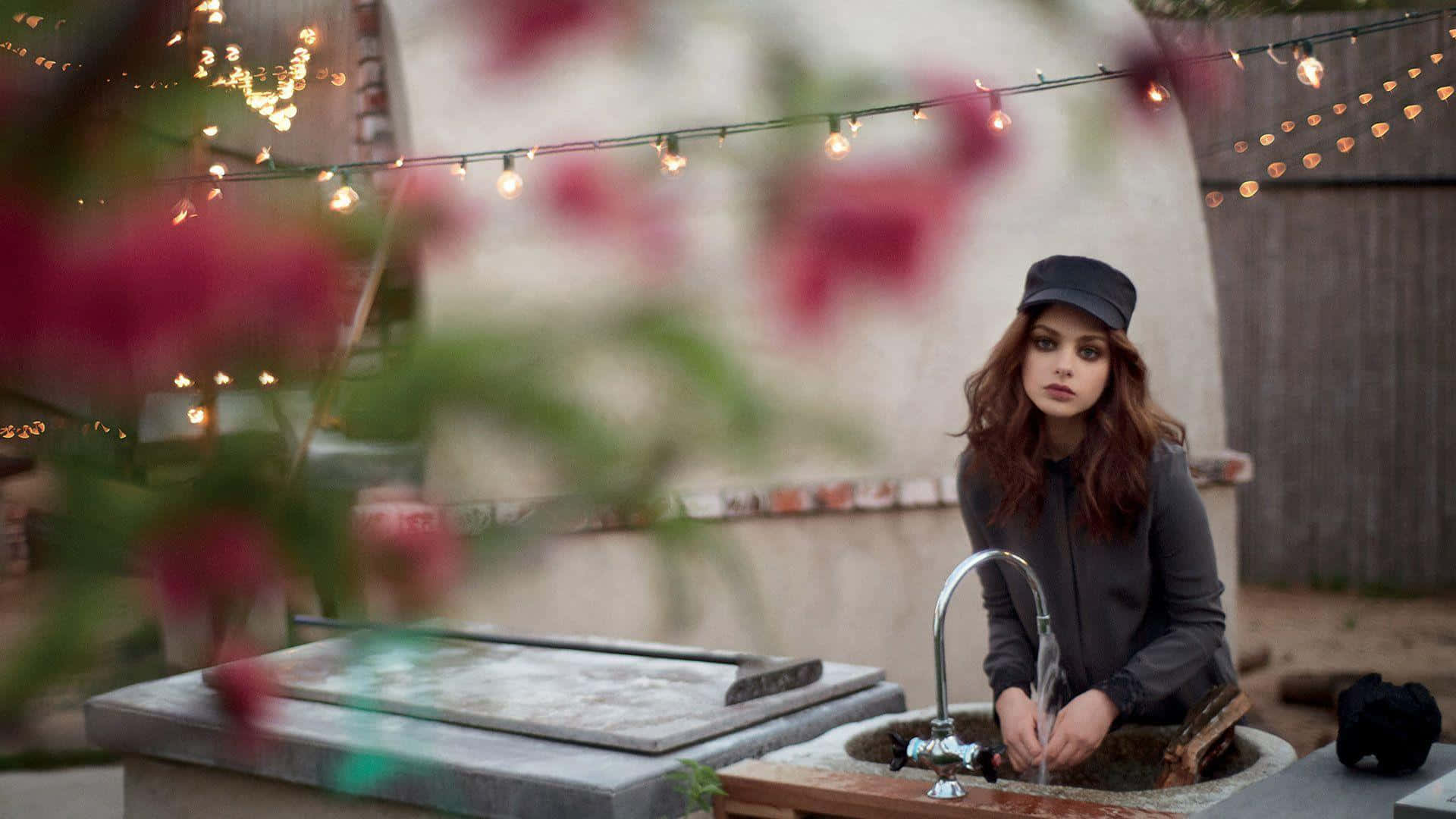 Odeya Rush, string lights, pink flowers, Full HD Desktop Wallpaper