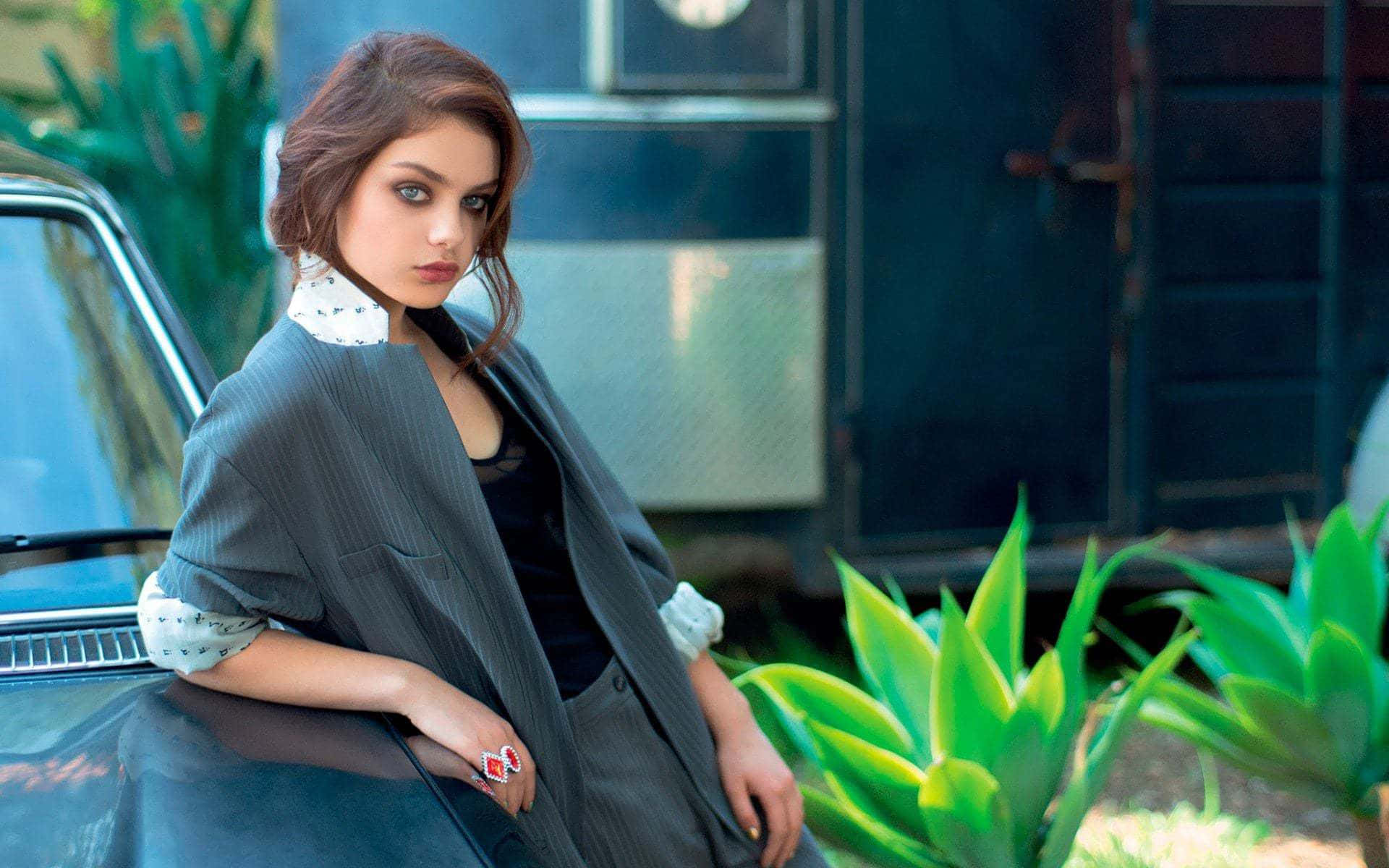 Odeya Rush, grey blazer, vintage car, Full HD Desktop Wallpaper