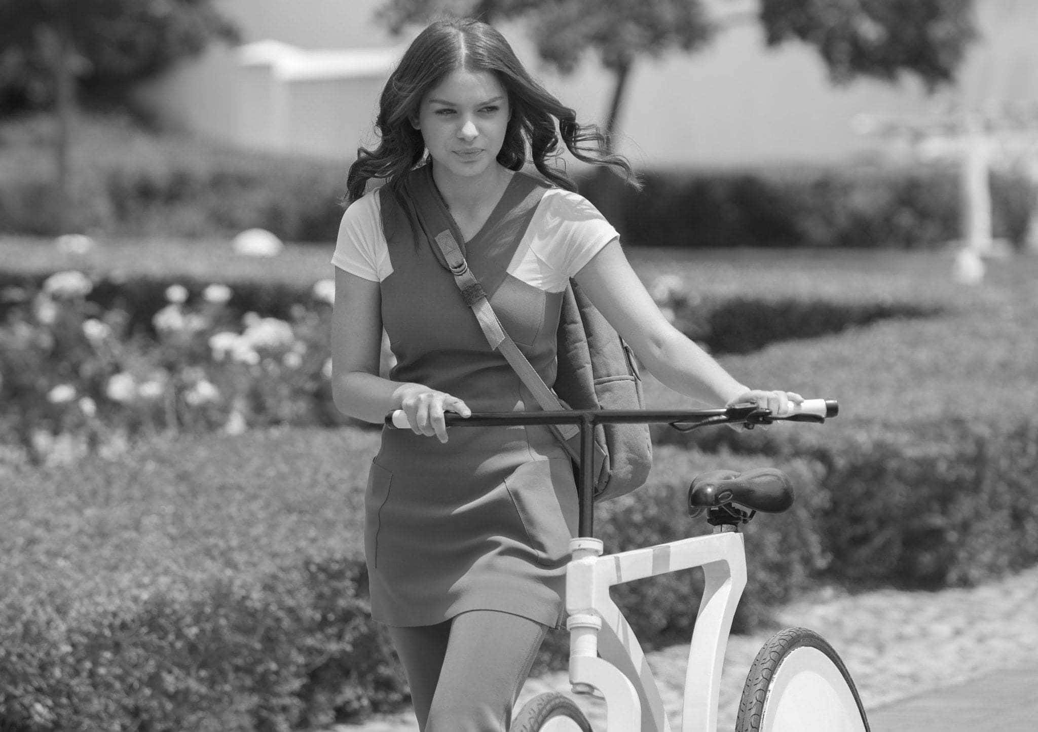 Odeya Rush, white bicycle, sunlit garden path, Full HD Desktop Wallpaper
