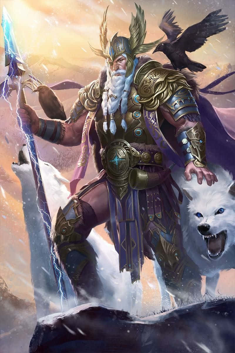 Odin, white wolf, ravens, SD Phone Wallpaper