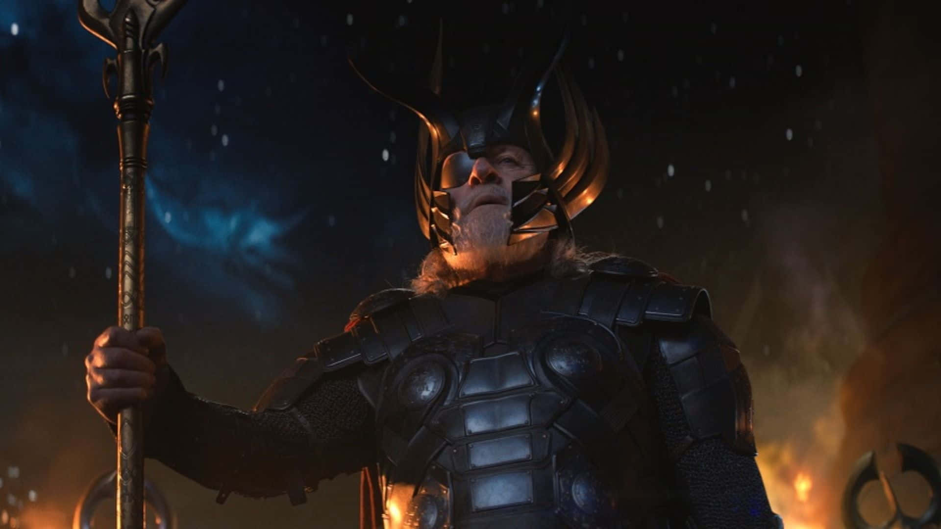 Odin, staff, stormy cosmic backdrop, Full HD Desktop Wallpaper