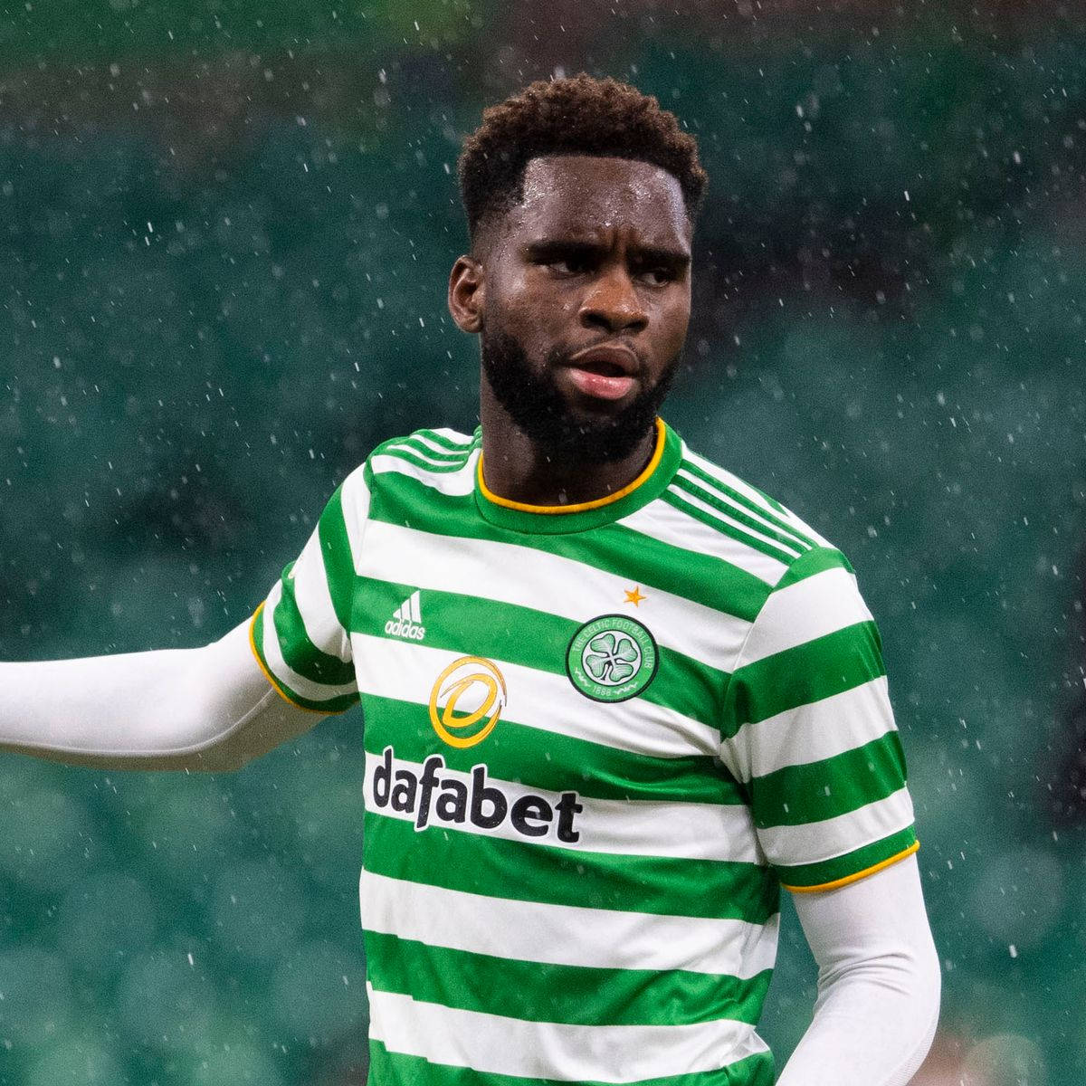 Odsonne Edouard, green and white striped jersey, rain-soaked football match, SD Desktop Wallpaper