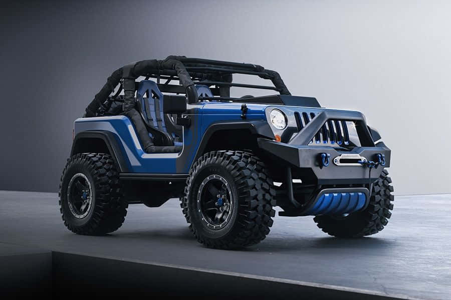 blue off-road jeep, black accents, large tires, SD Desktop Wallpaper