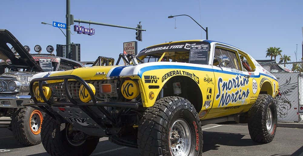 bright yellow, custom off-road race car, oversized tires, SD Desktop Wallpaper