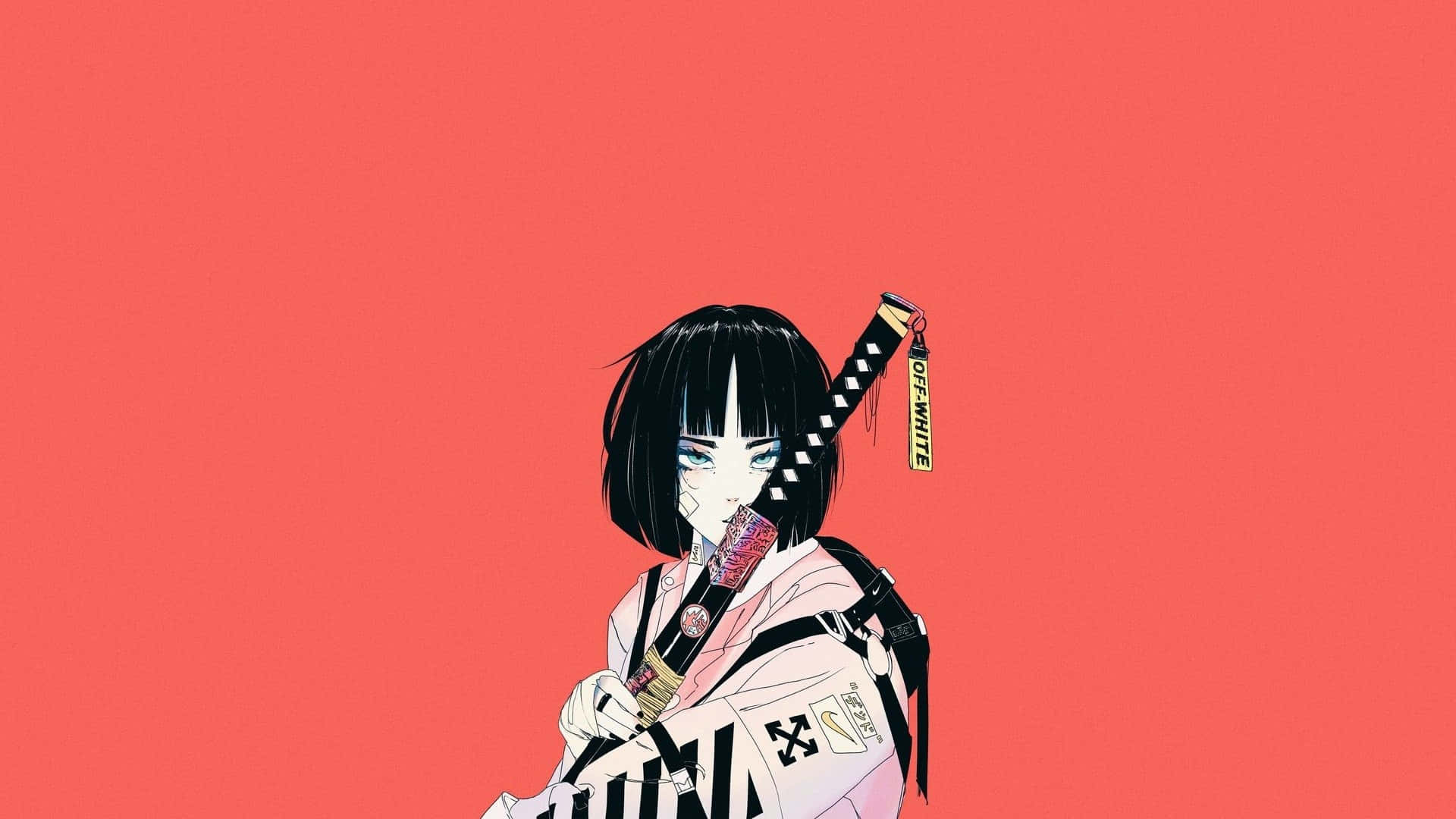 Off White, anime girl, short black hair, Full HD Desktop Wallpaper