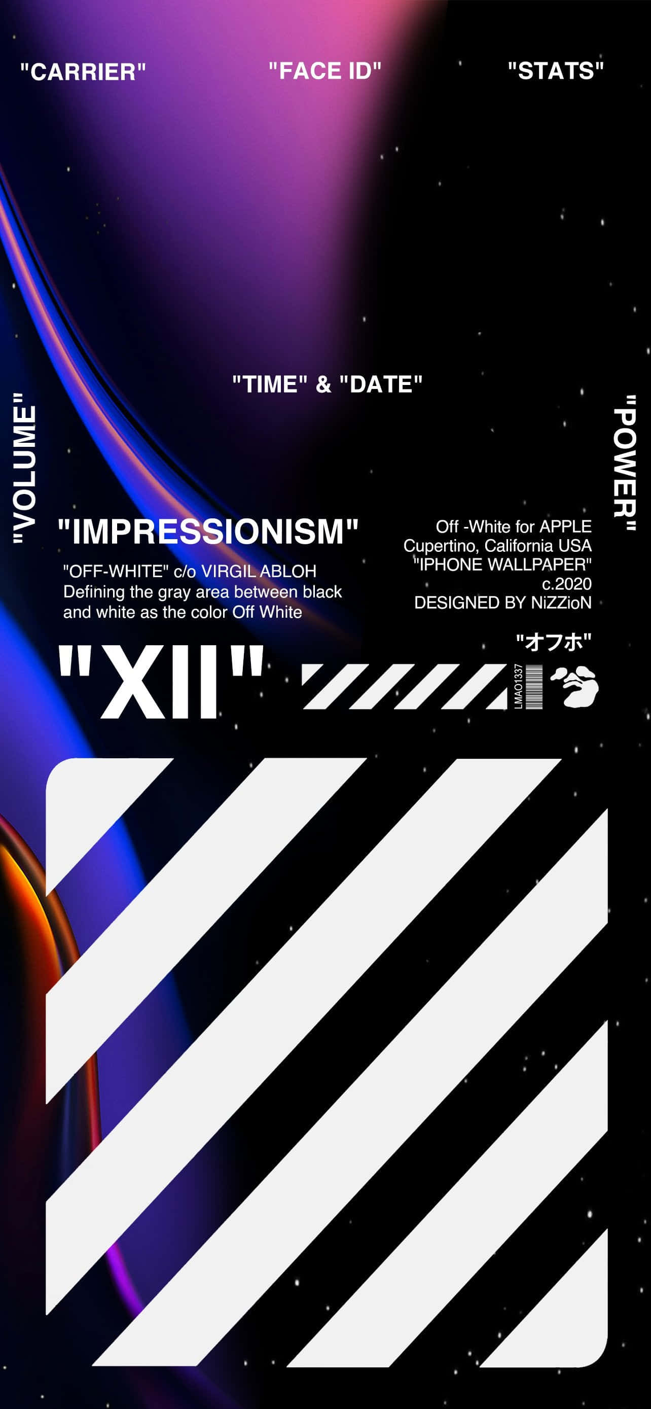 Off White iPad, cosmic purple and blue gradient, bold white diagonal stripes, 2K Phone Wallpaper