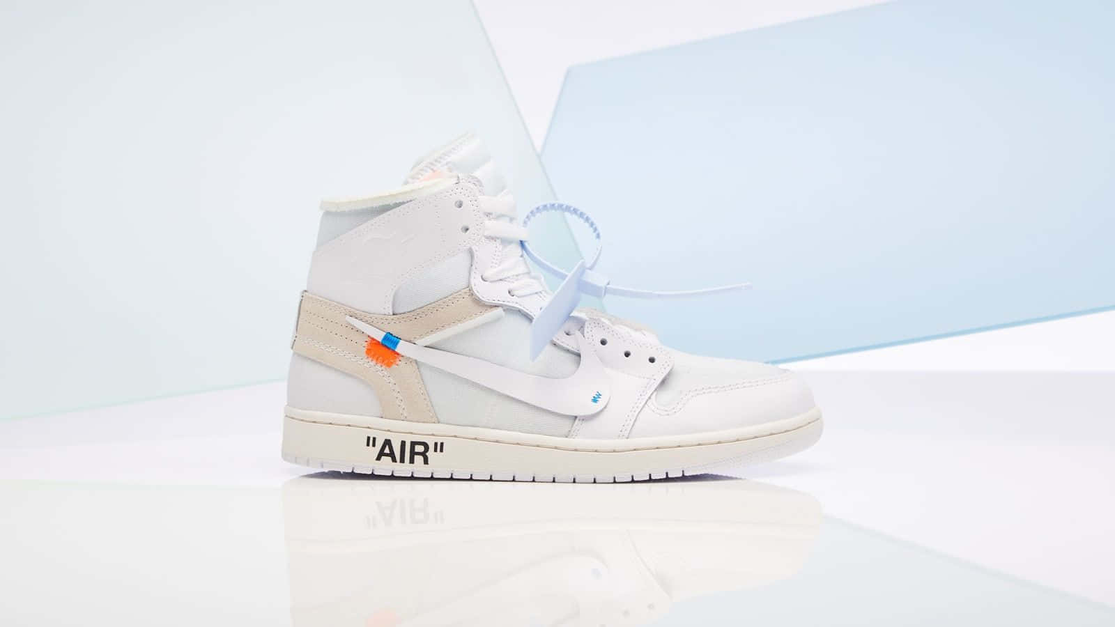 Off White Jordan 1, white high-top sneaker, orange and blue accents, HD Desktop Wallpaper