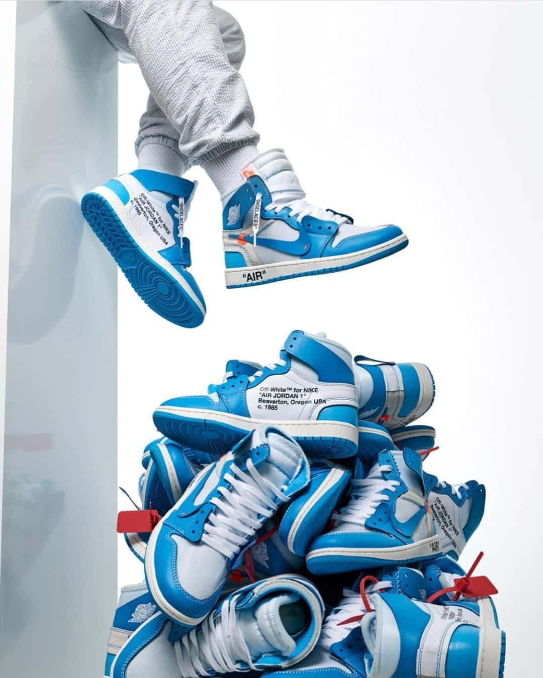 Off White Jordan 1, blue and white sneakers, towering pile of identical sneakers, HD Phone Wallpaper