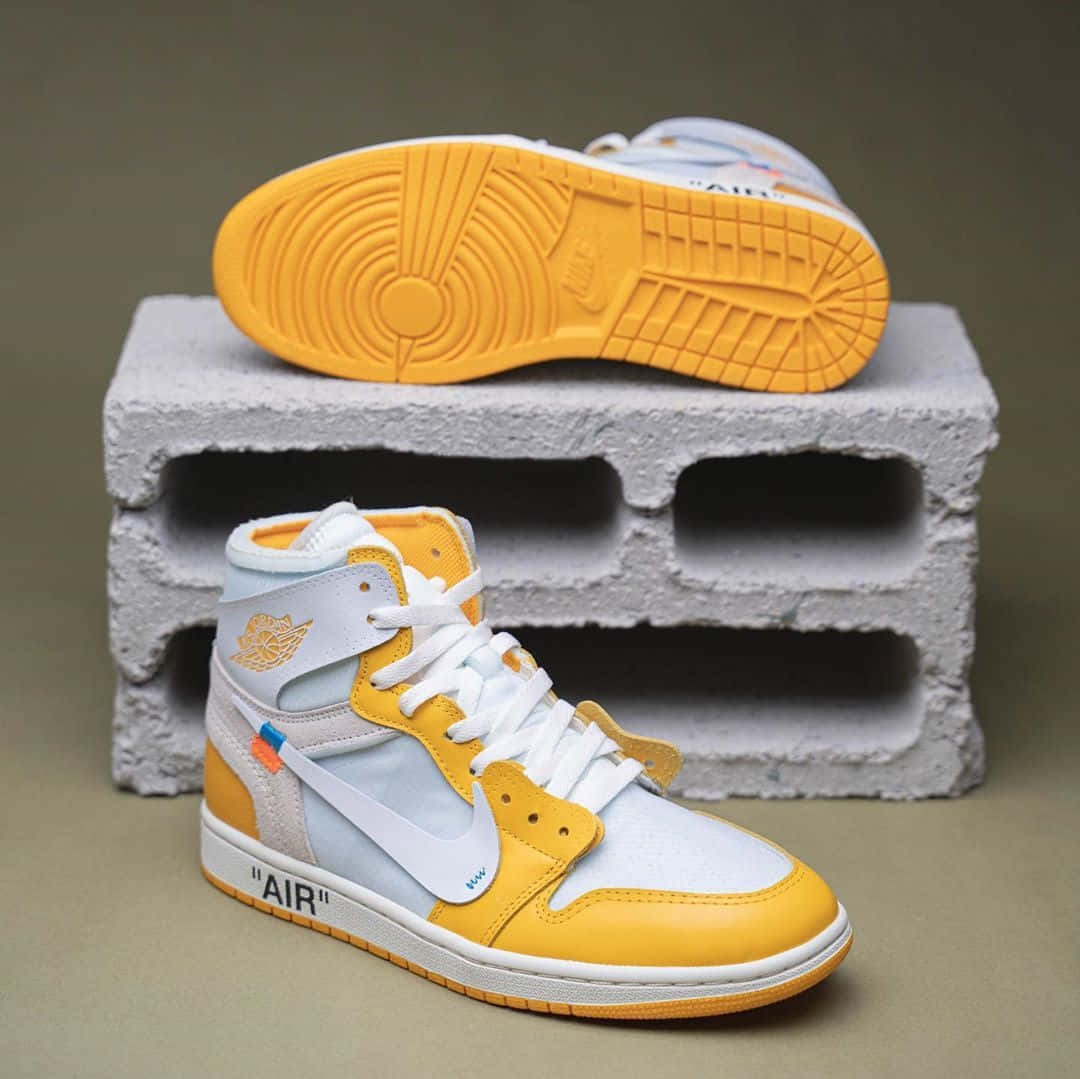 Off White Jordan 1, yellow and white, high-top sneakers, SD Desktop Wallpaper