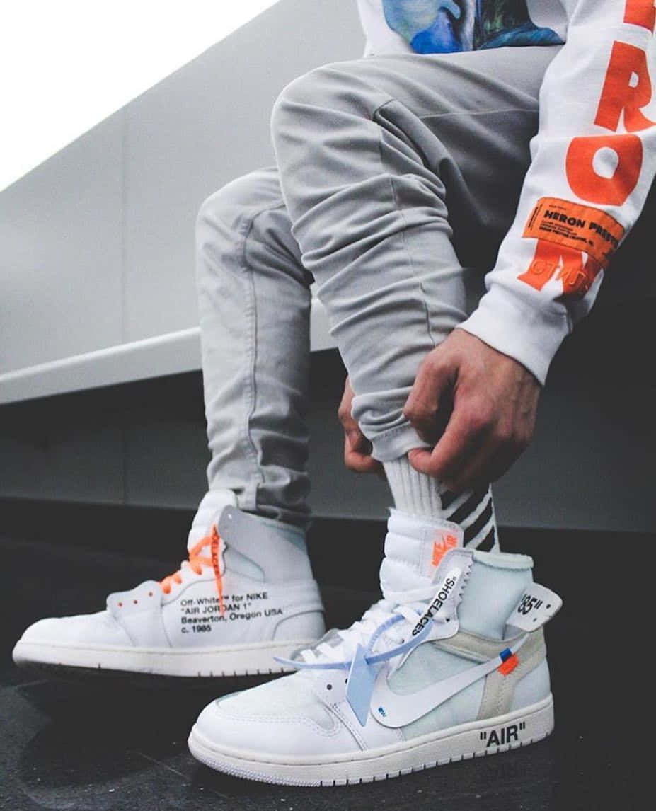 Off White Jordan 1, white high-top sneakers, orange and blue accents, SD Phone Wallpaper
