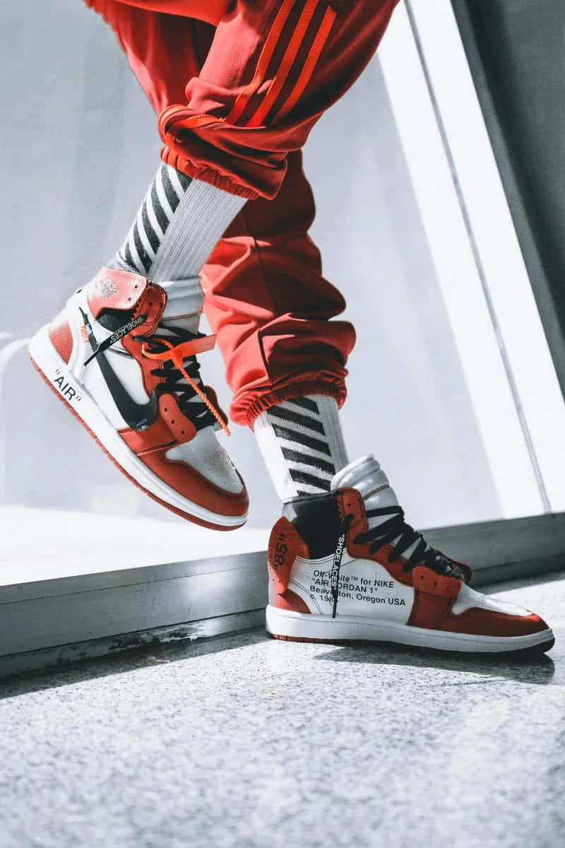Off White Jordan 1, red track pants, red white sneakers, SD Phone Wallpaper