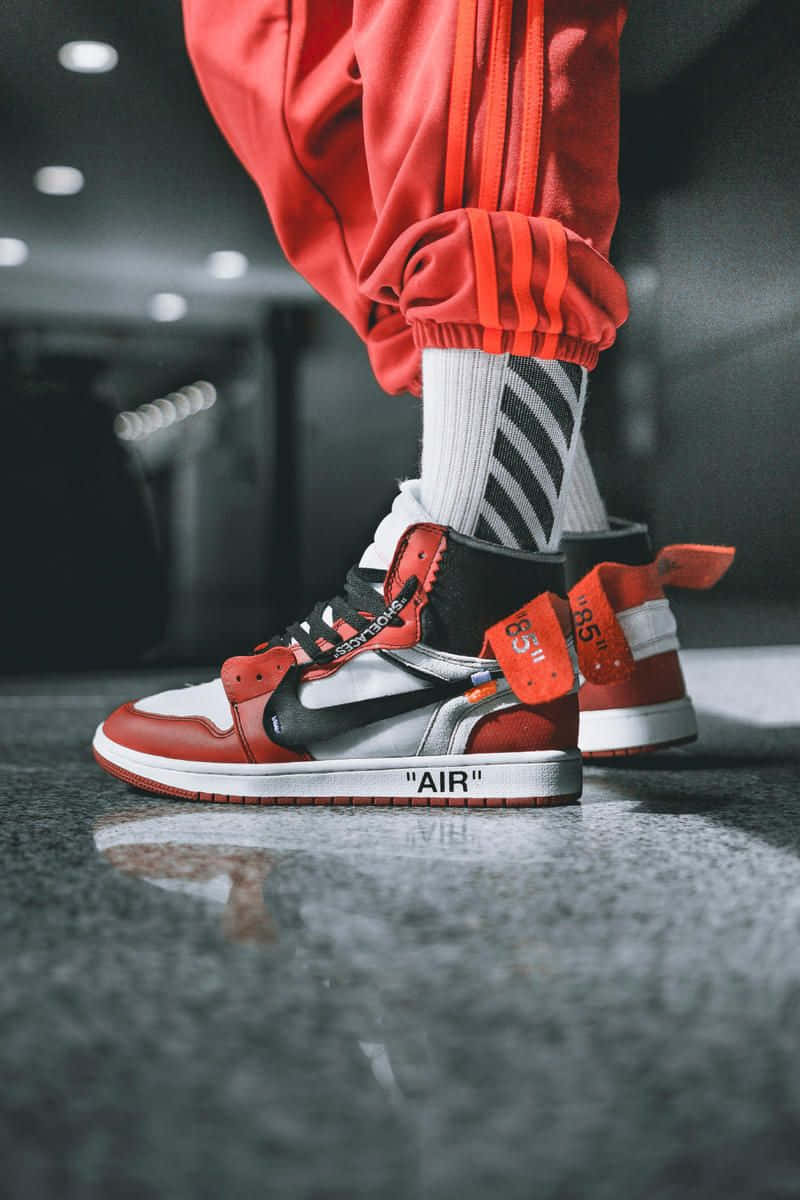 Off White Jordan 1, red and black high-top sneakers, orange tags, SD Phone Wallpaper