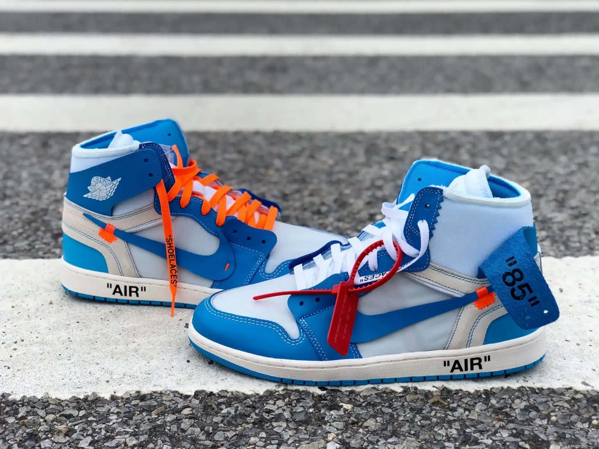 Off White Jordan 1, blue and white, orange laces, Full HD Desktop Wallpaper