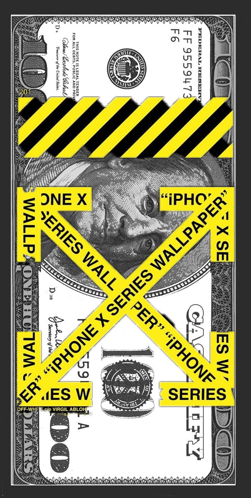 Off White Logo, hundred-dollar bill, yellow and black caution tape, HD Phone Wallpaper
