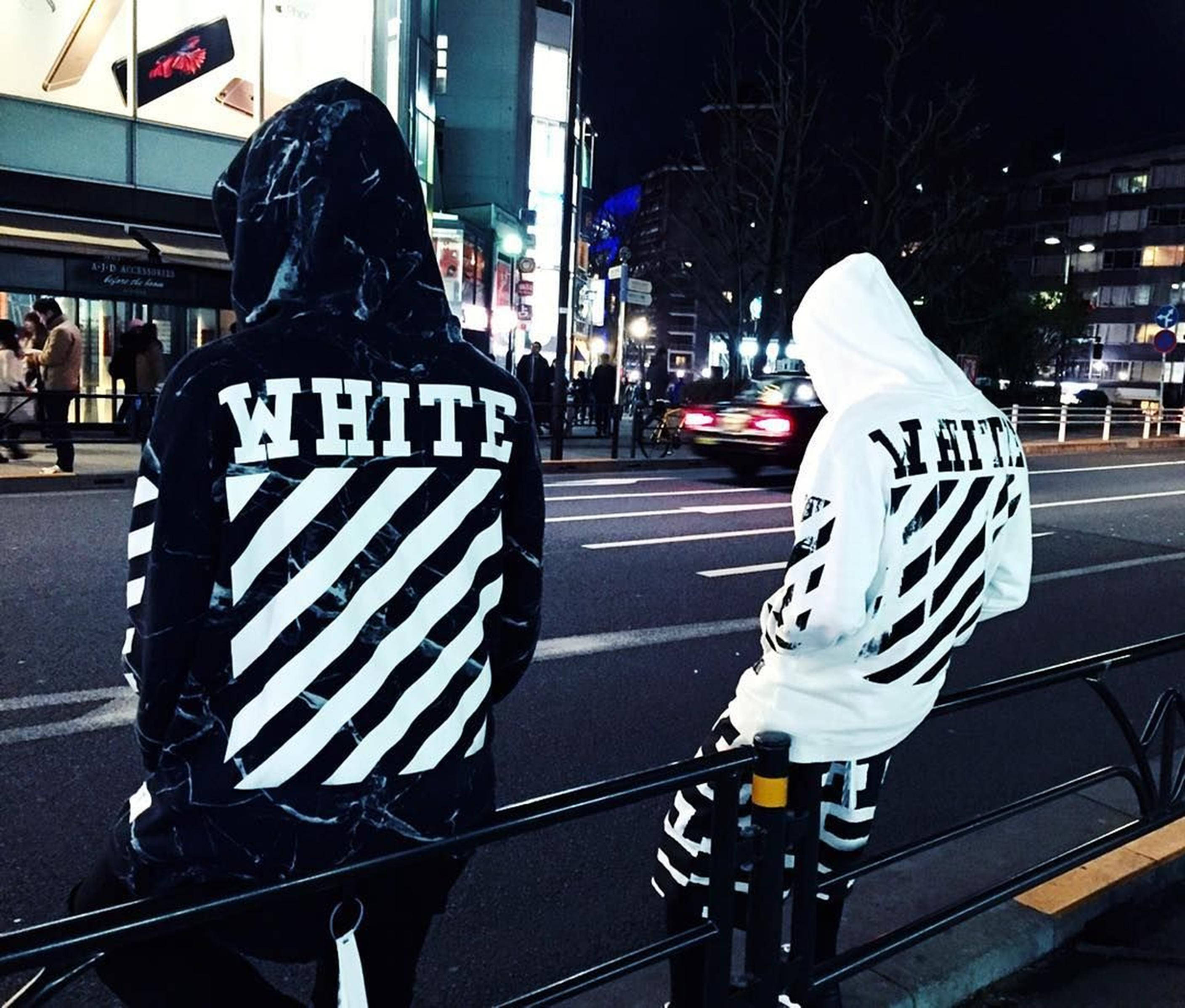 Off-White hoodie, neon-lit city street, night, 2K Desktop Wallpaper