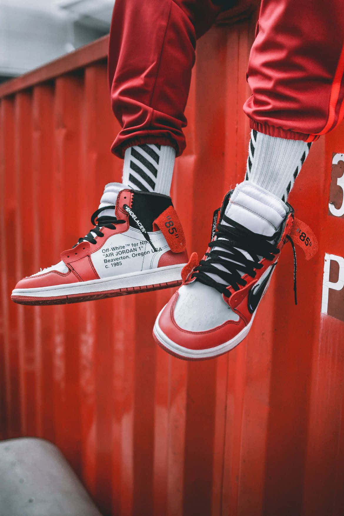 red and white high-top sneakers, black laces, vibrant red shipping container, HD Phone Wallpaper