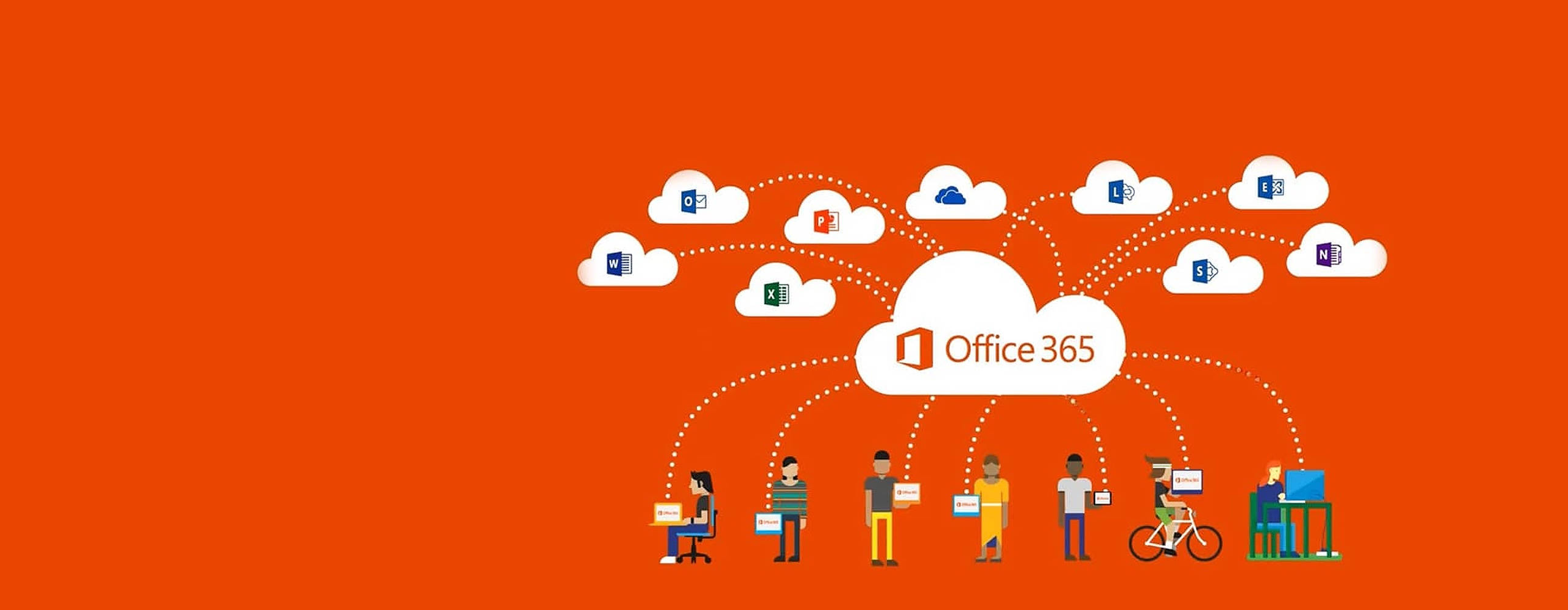 Office 365, cloud icons, vibrant orange background, 2K Desktop Wallpaper