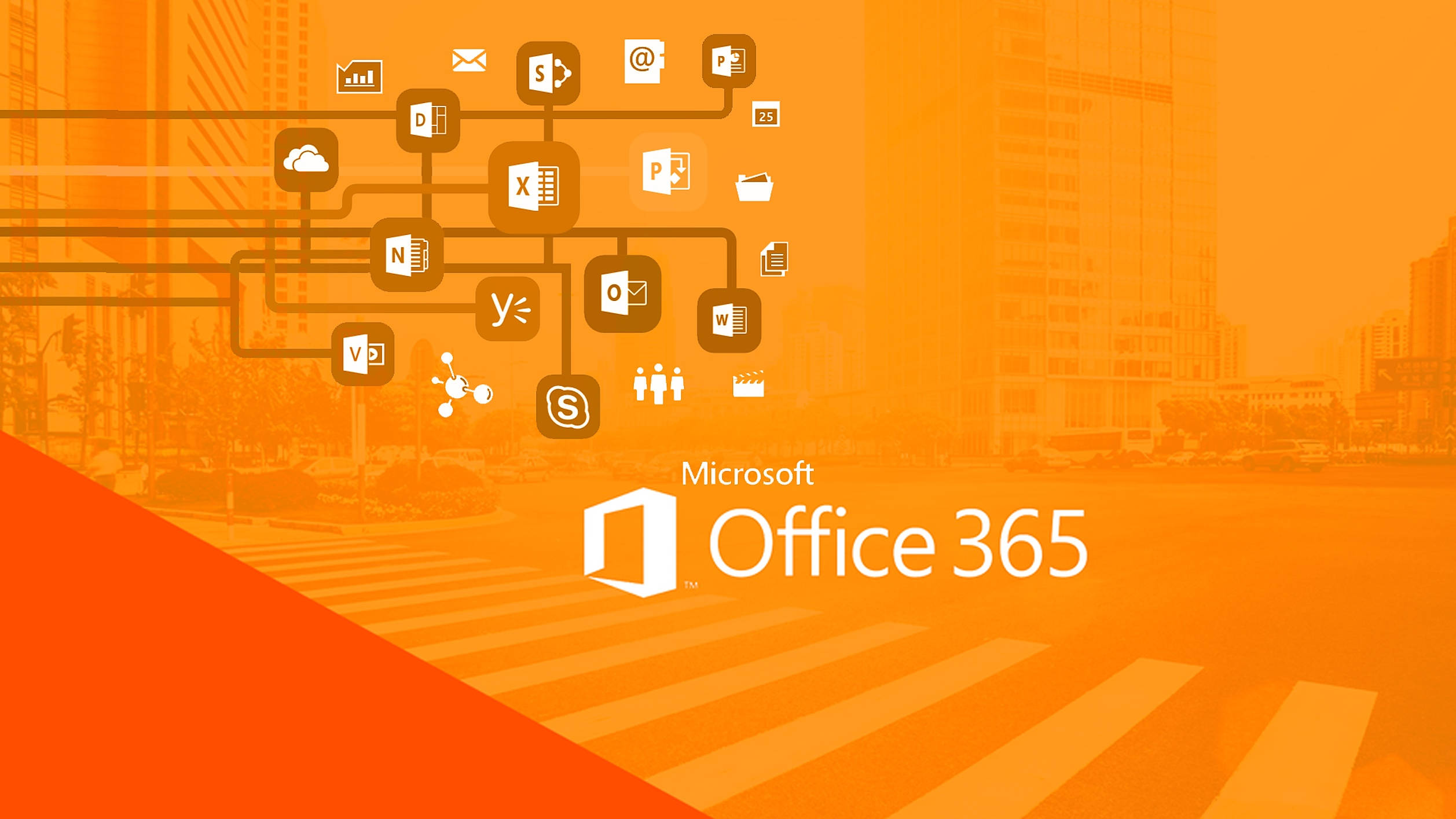 Office 365, Microsoft Office 365 app icons, vibrant orange gradient background, Full HD Desktop Wallpaper
