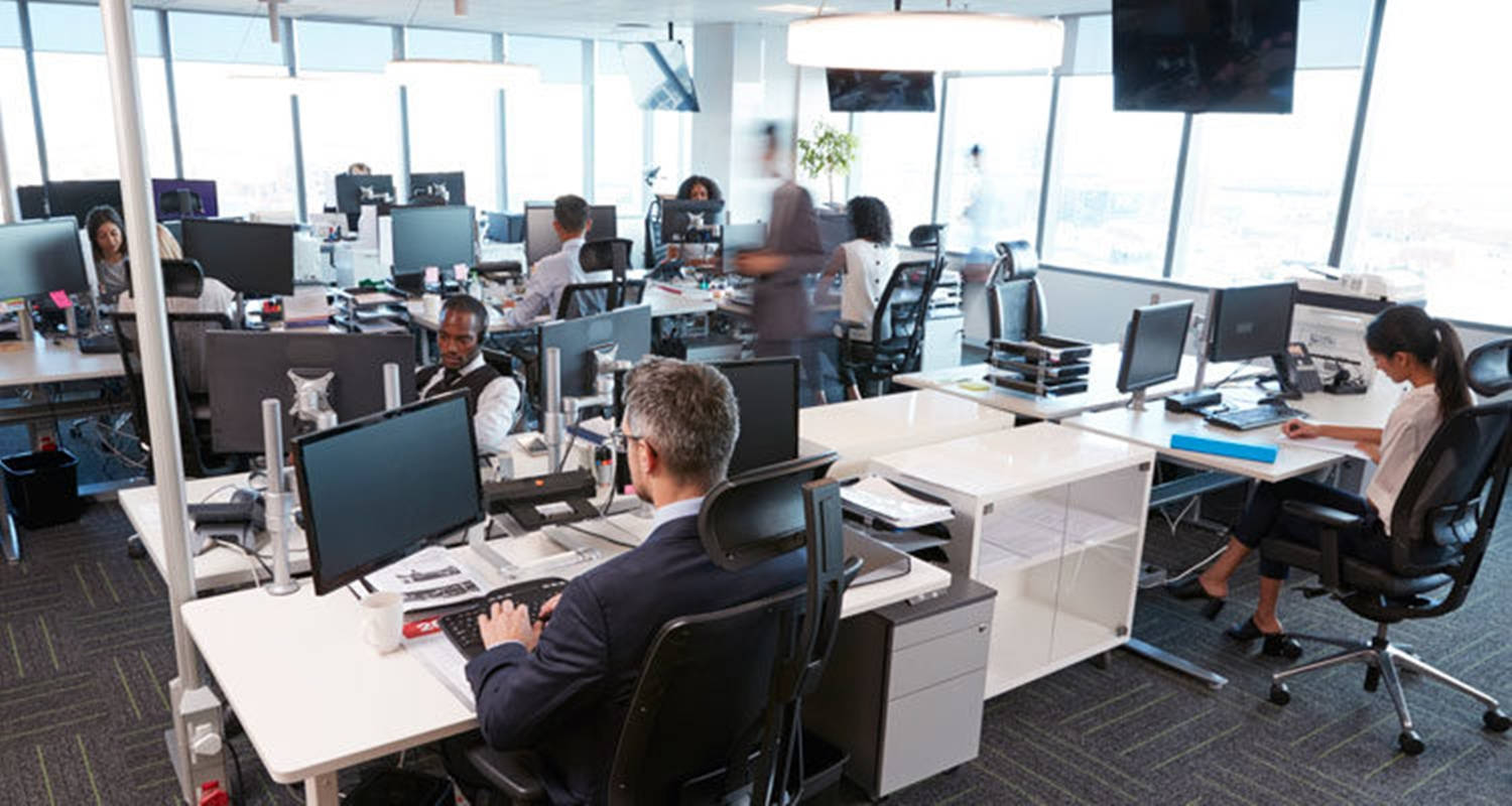 Enterprise Office Floor Building, modern open-plan office, desks, HD Desktop Wallpaper