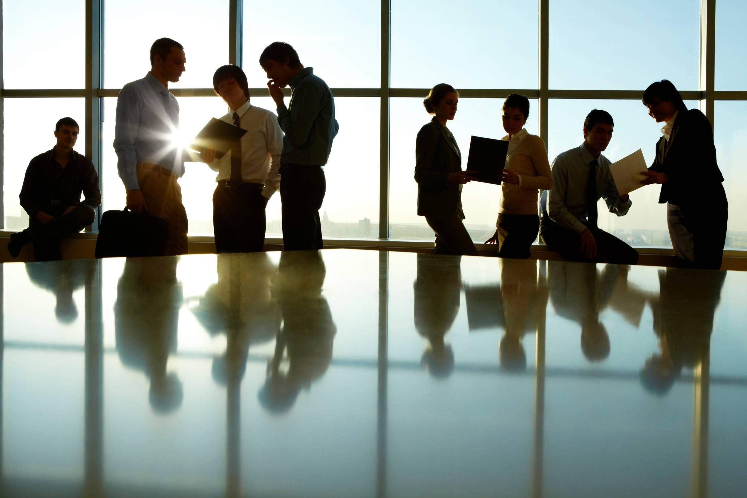 business professionals, reflective conference table, large window, Full HD Desktop Wallpaper