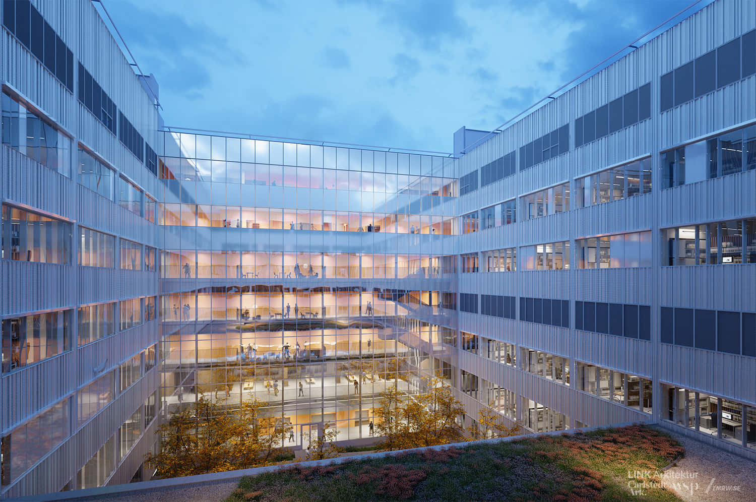 modern architecture office complex, dusk, glass and steel office building, HD Desktop Wallpaper