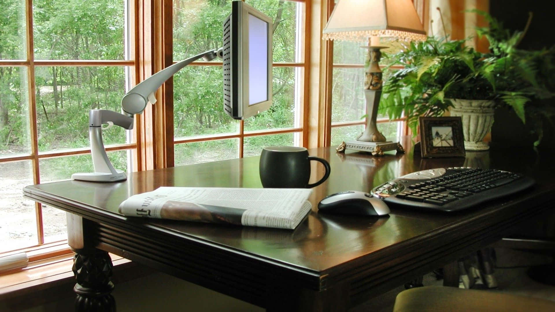 home office, wooden desk, monitor, Full HD Desktop Wallpaper