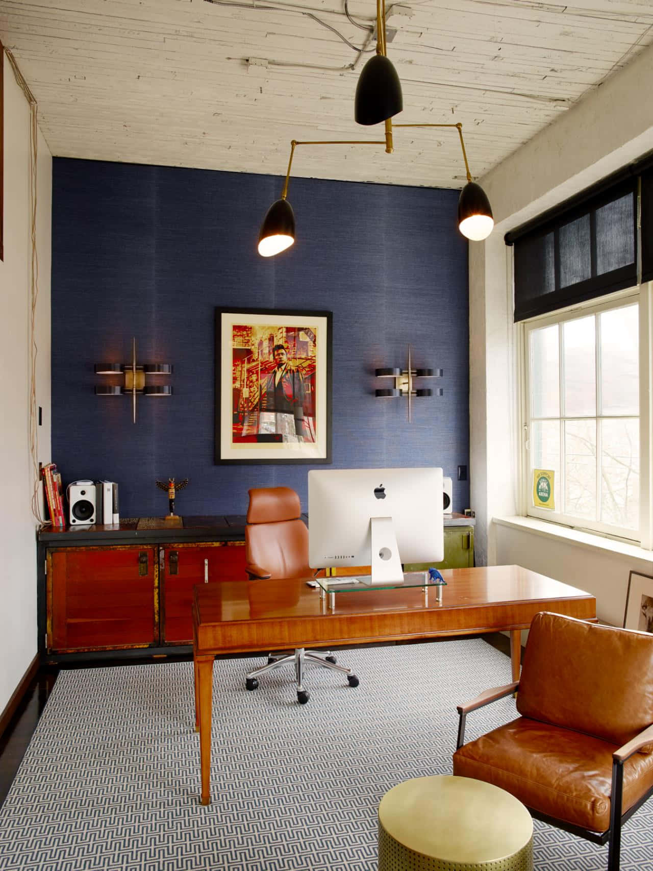 home office, blue accent wall, wooden desk, HD Phone Wallpaper