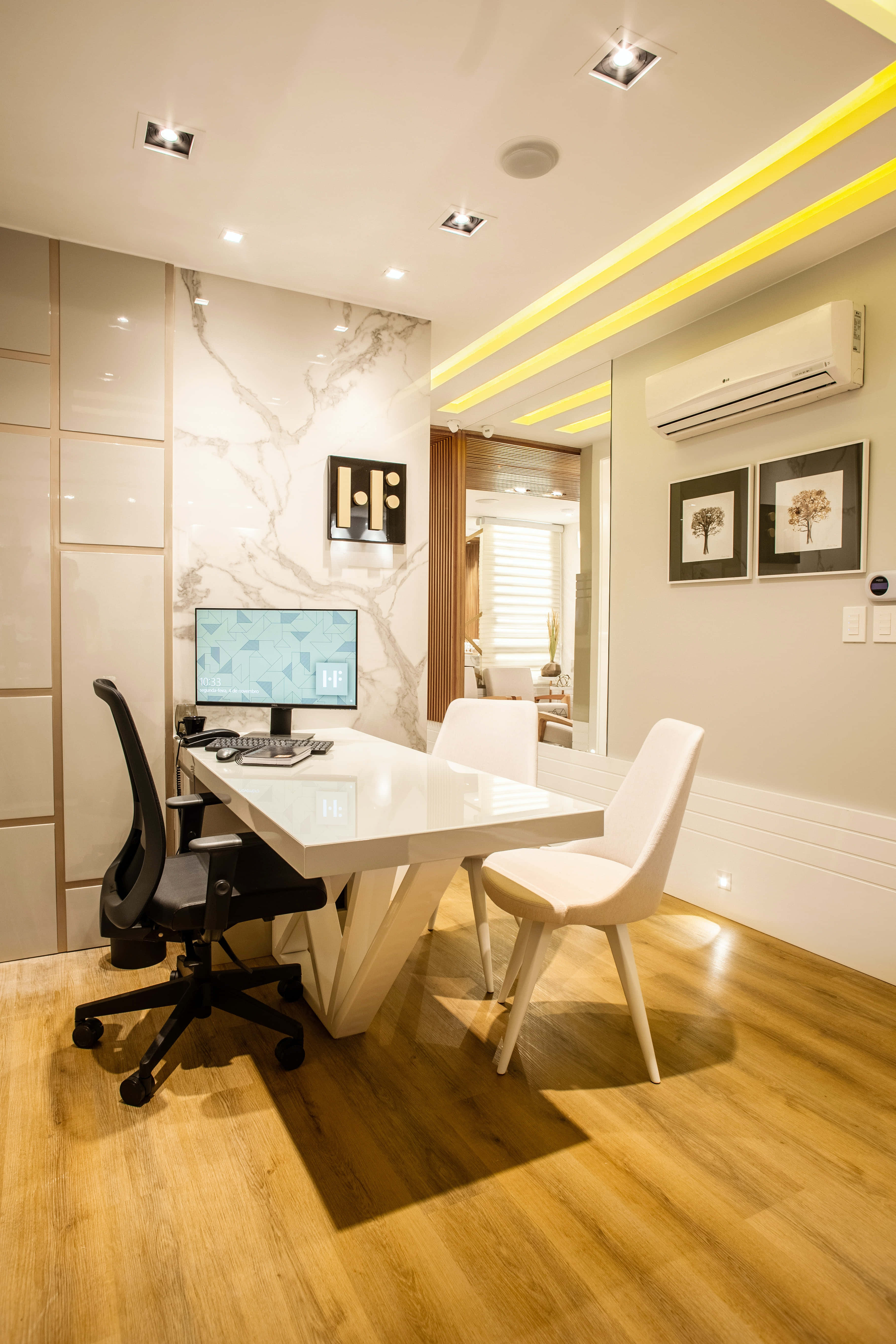 modern home office, white desk, black chair, 5K Phone Wallpaper