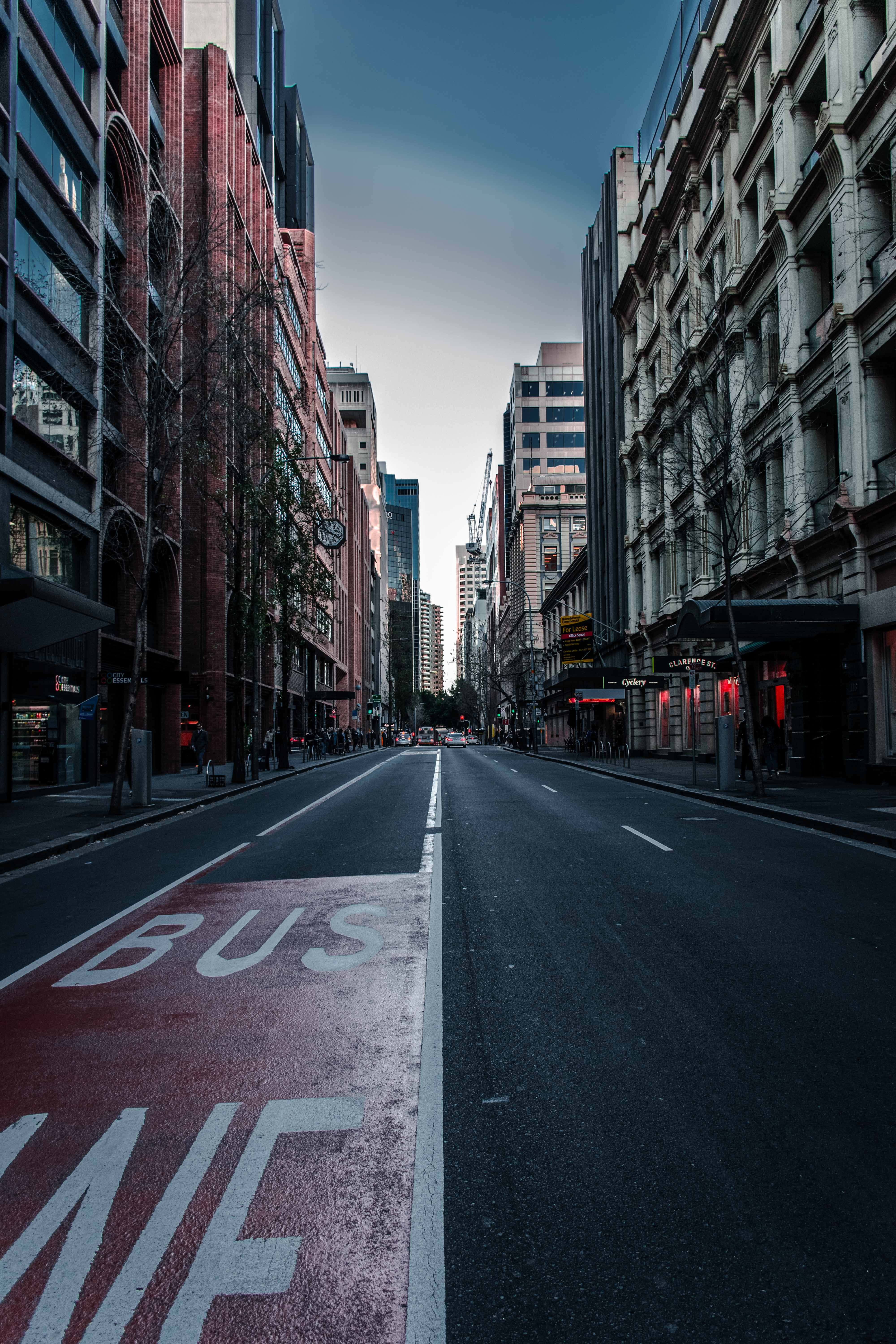 urban canyon, dusk, tall buildings, 5K Phone Wallpaper