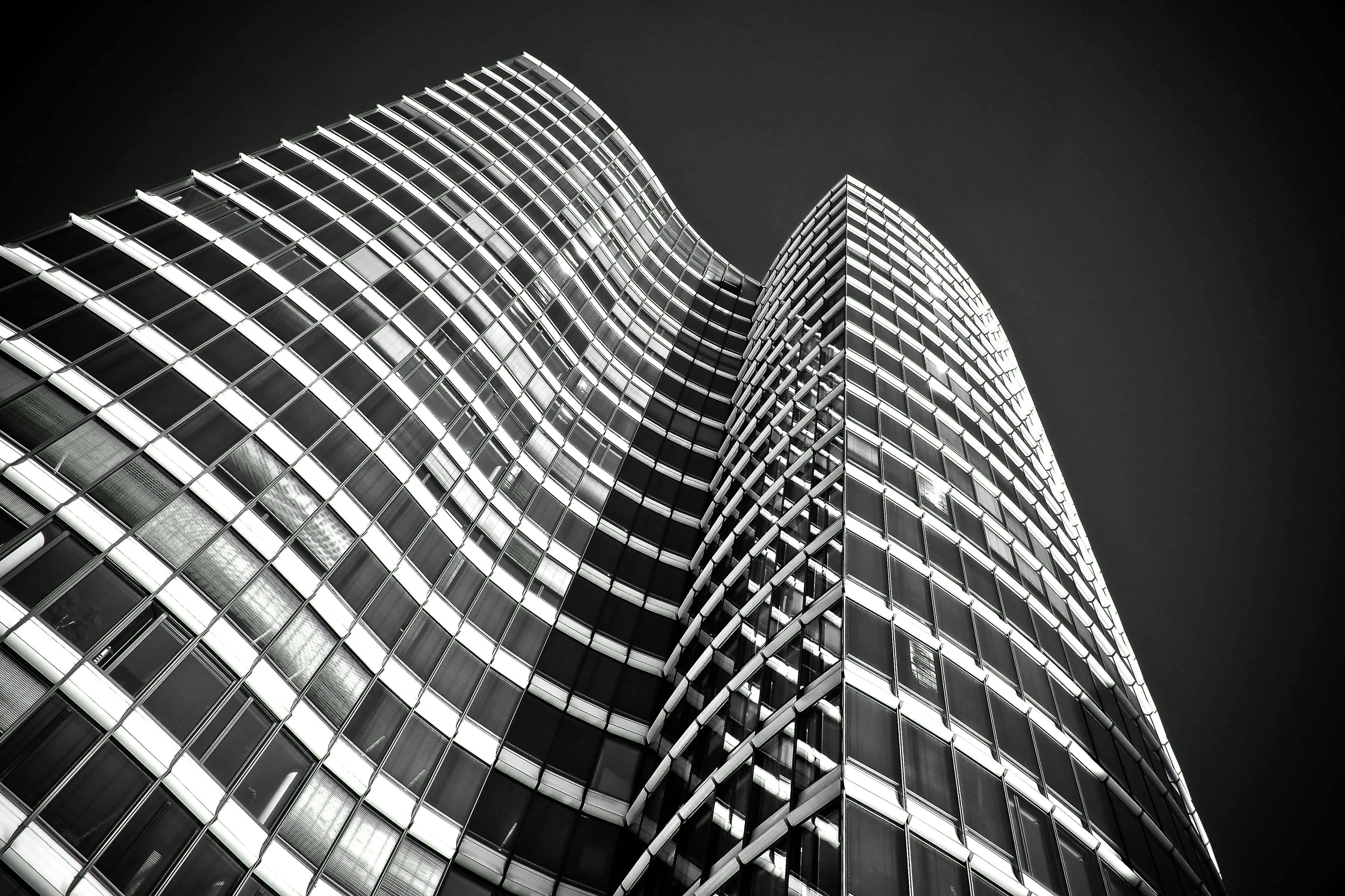 modern skyscraper, curvature, blackand white, 4K Desktop Wallpaper