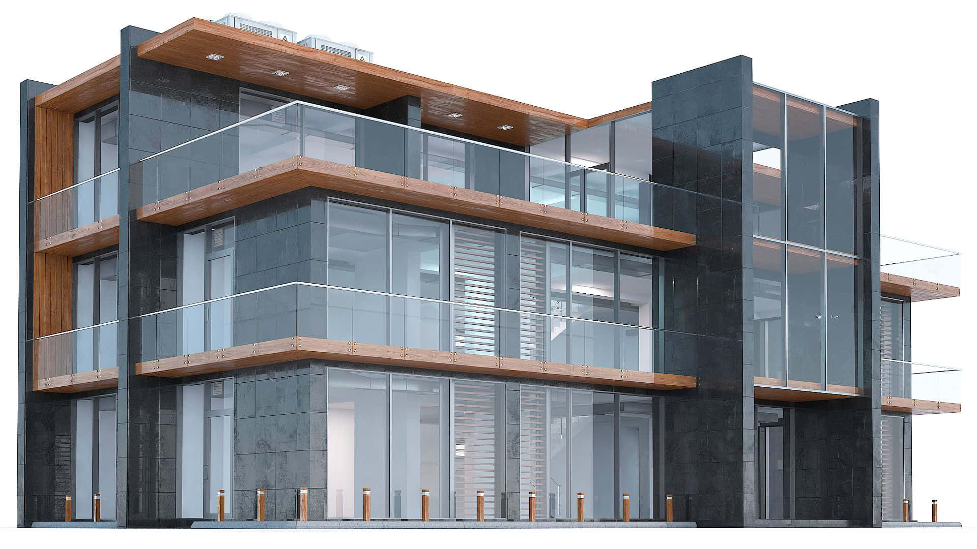 modern office building, glass walls, wooden balconies, Full HD Desktop Wallpaper