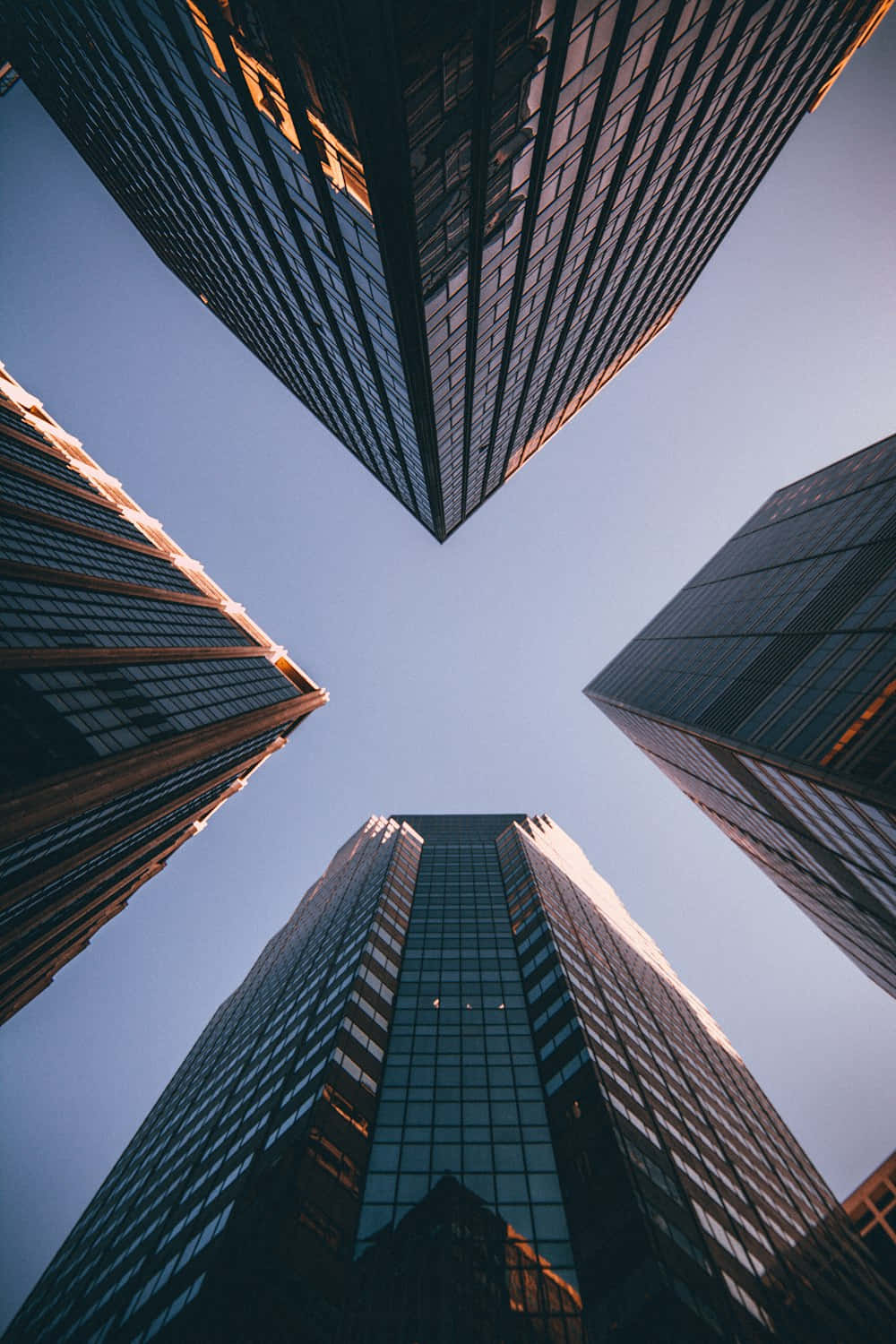 urban canyon, glass skyscrapers, clear blue sky, HD Phone Wallpaper
