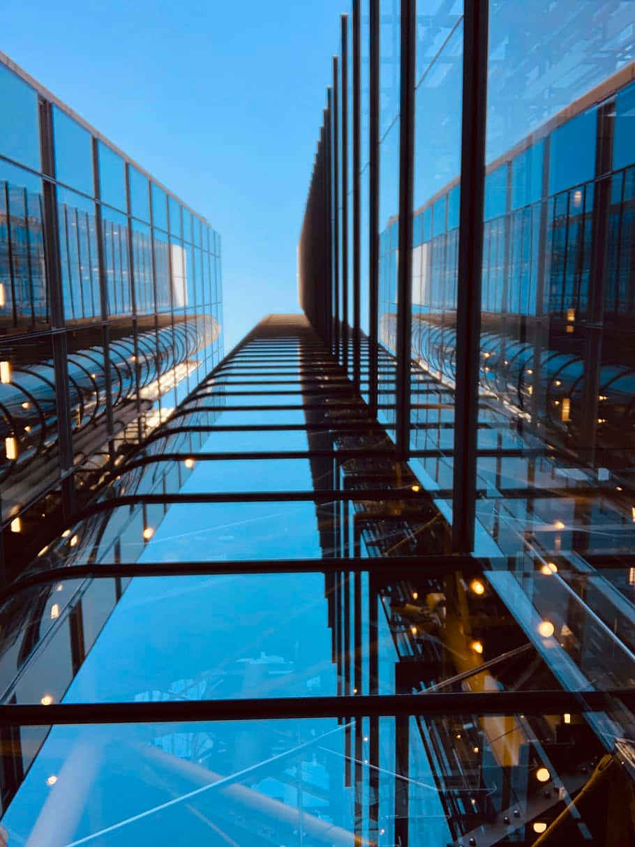 modern office building, glass corridor, clear blue sky, SD Phone Wallpaper