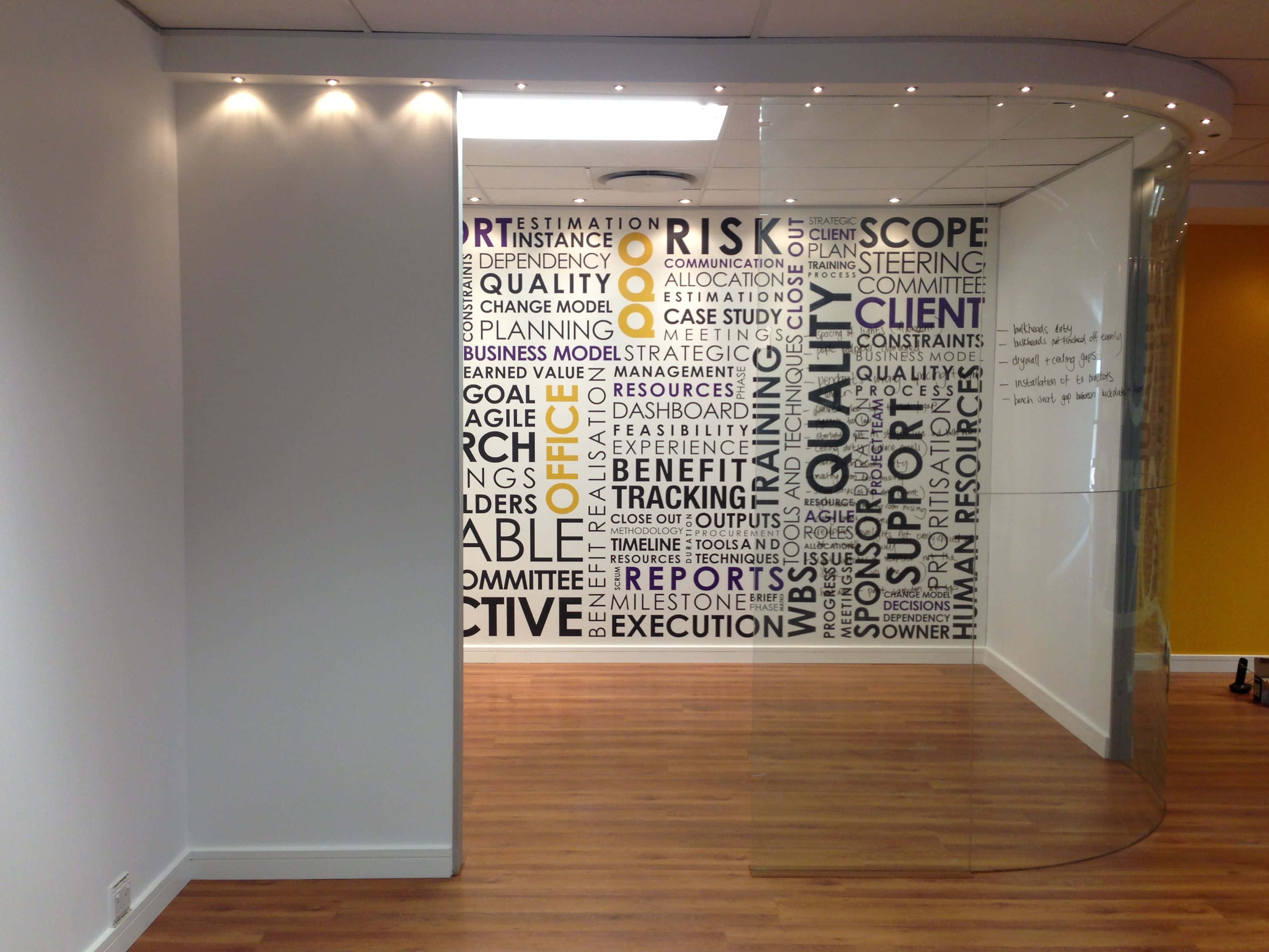 office hallway, glass walls, bold business terminology, 2K Desktop Wallpaper