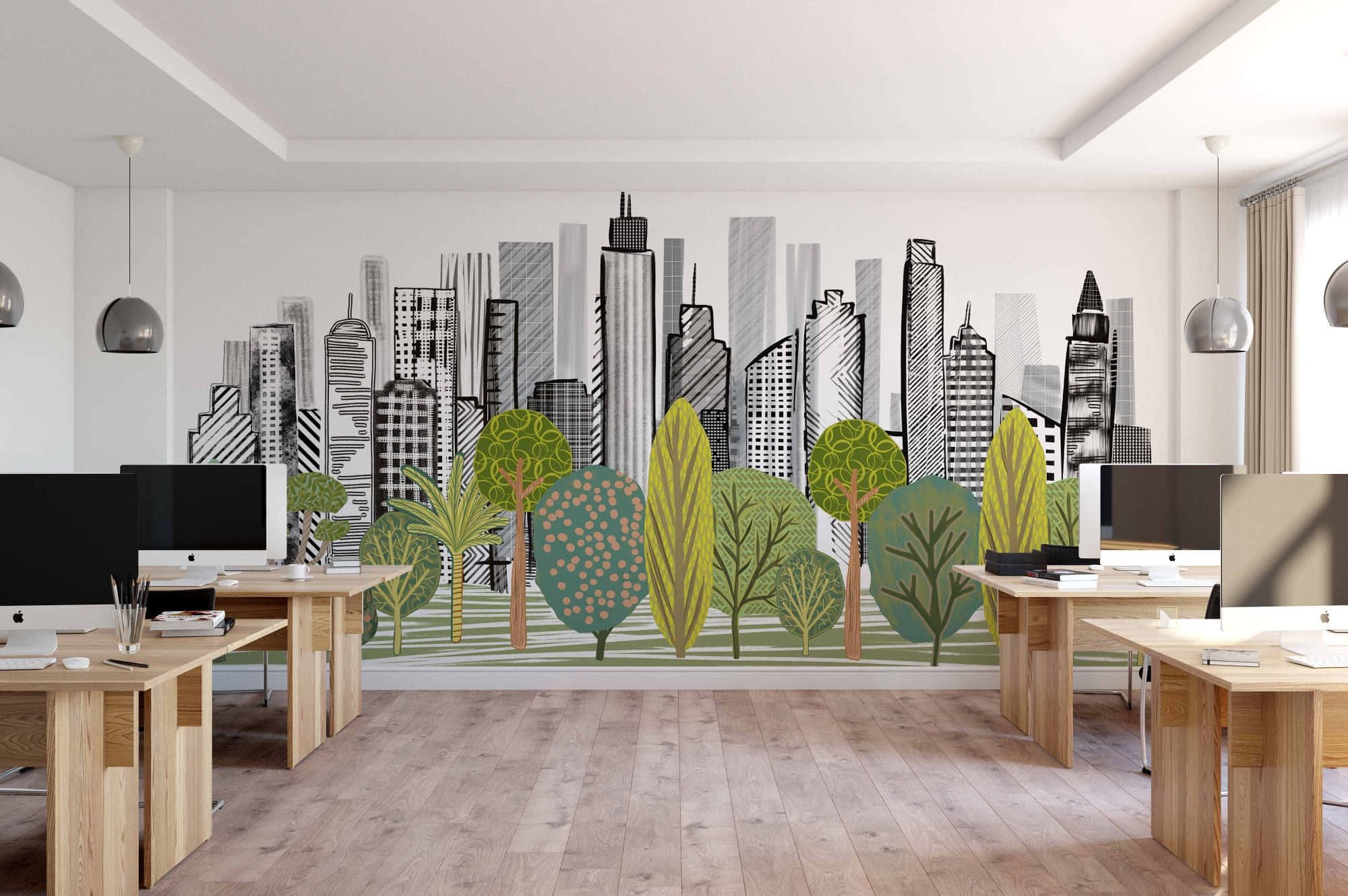 modern office interior, wooden desks, stylized cityscape mural, Full HD Desktop Wallpaper