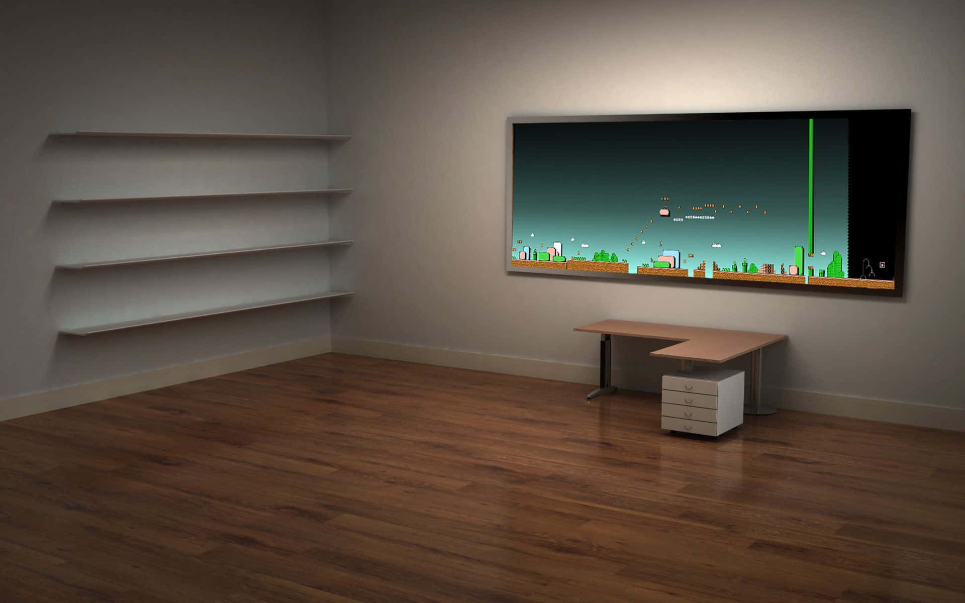 pixel-art video game screen, wooden floors, empty shelves, Full HD Desktop Wallpaper