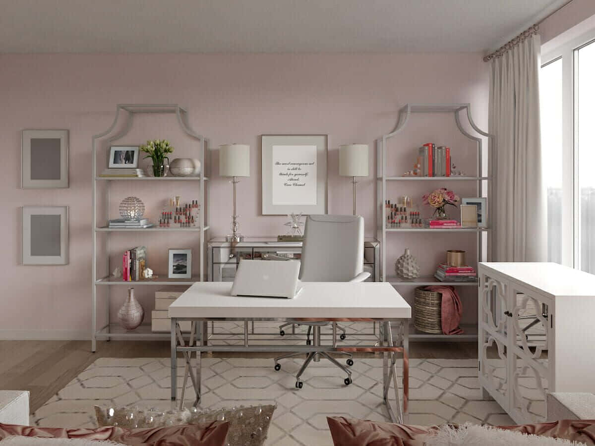 pink-walled home office, white furniture, decorative shelves, SD Desktop Wallpaper