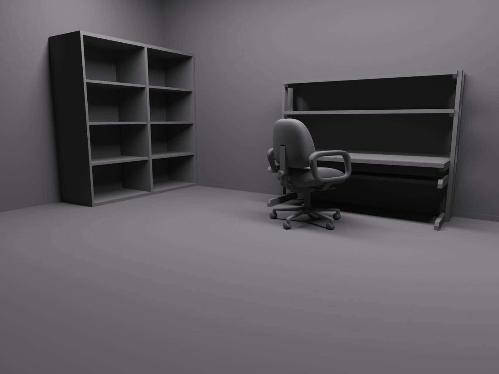 minimalist gray office space, empty bookshelf, lone rolling chair, HD Desktop Wallpaper