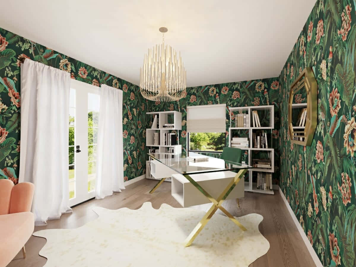 modern home office, lush green floral wallpaper, white bookshelves, SD Desktop Wallpaper