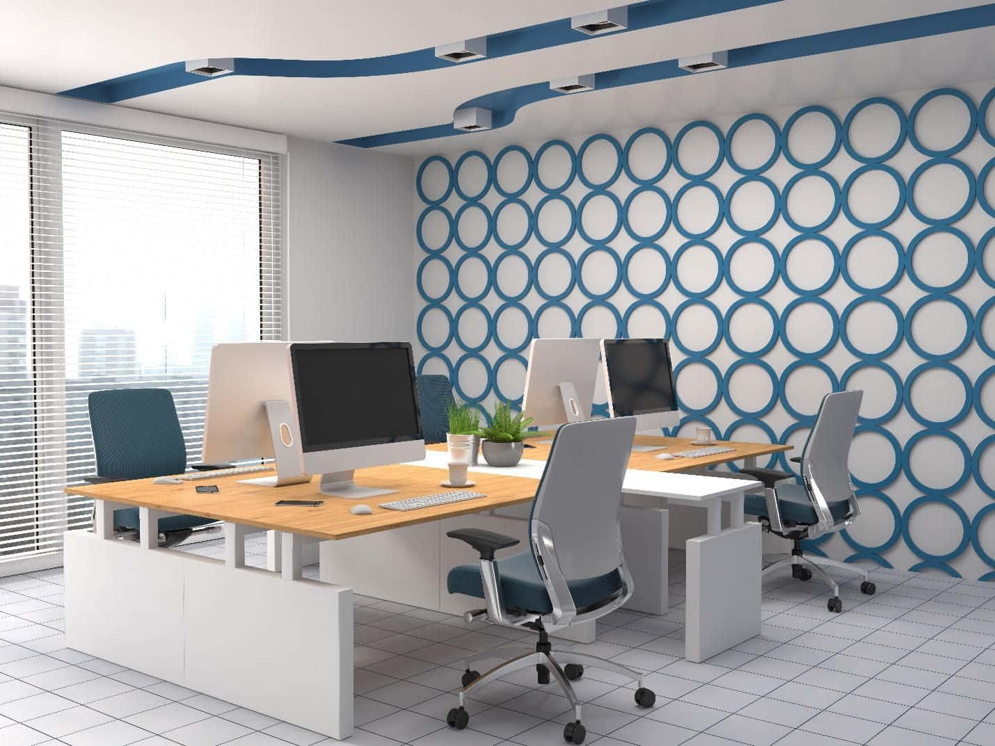 blue circular wall pattern, white desks, ergonomic chairs, HD Desktop Wallpaper