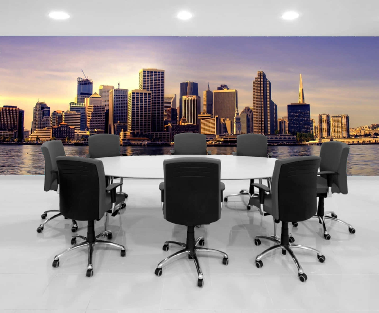 black chairs, white table, vibrant city skyline wallpaper, HD Desktop Wallpaper