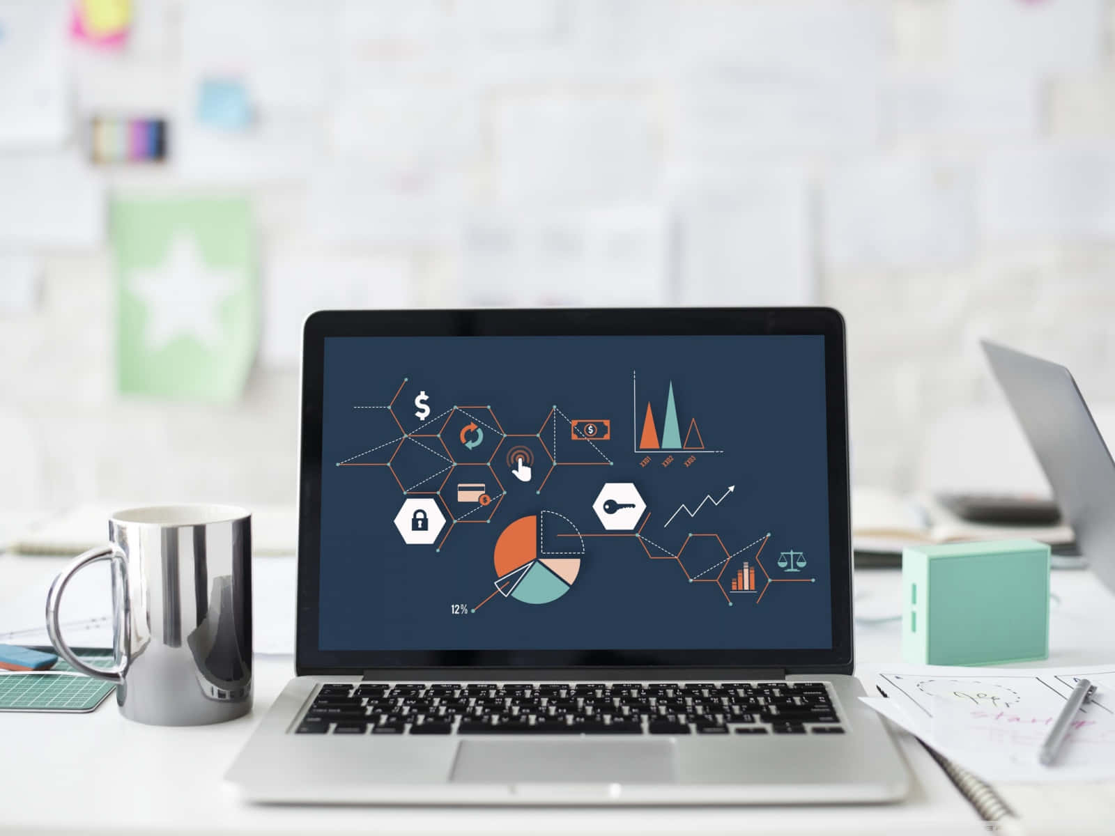 office decoration, laptop, colorful financial charts, HD Desktop Wallpaper