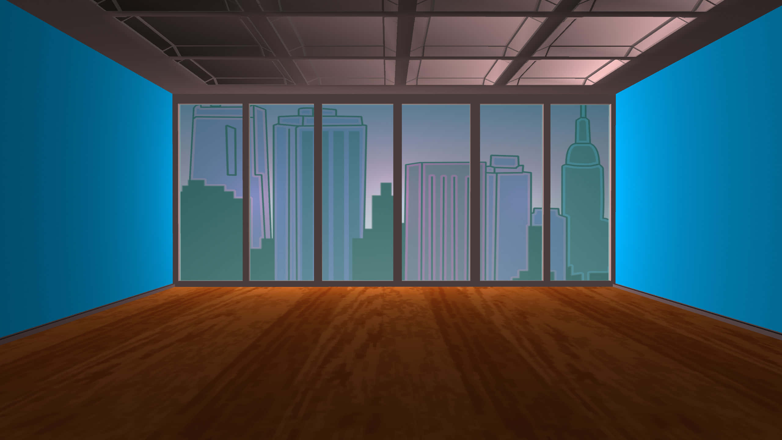blue walls, wooden floor, large windows, 2K Desktop Wallpaper