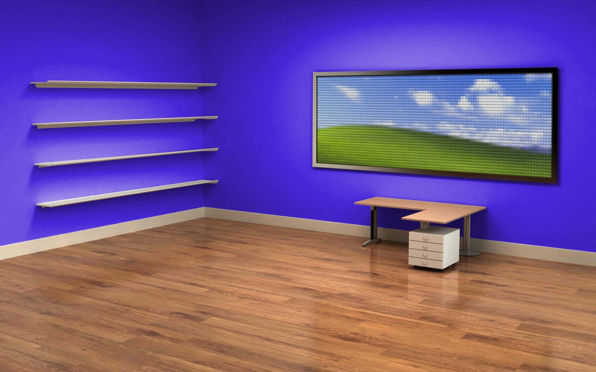 purple walls, wooden floors, desk, Full HD Desktop Wallpaper