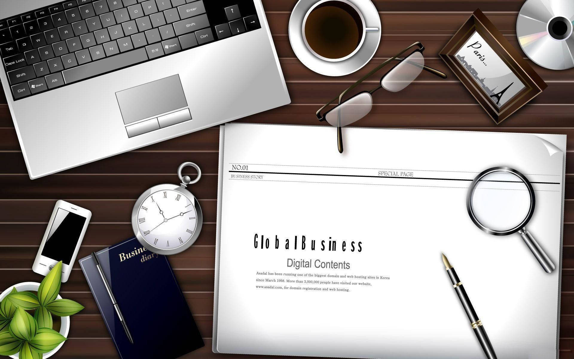 wooden desk, laptop, coffee glasses, Full HD Desktop Wallpaper