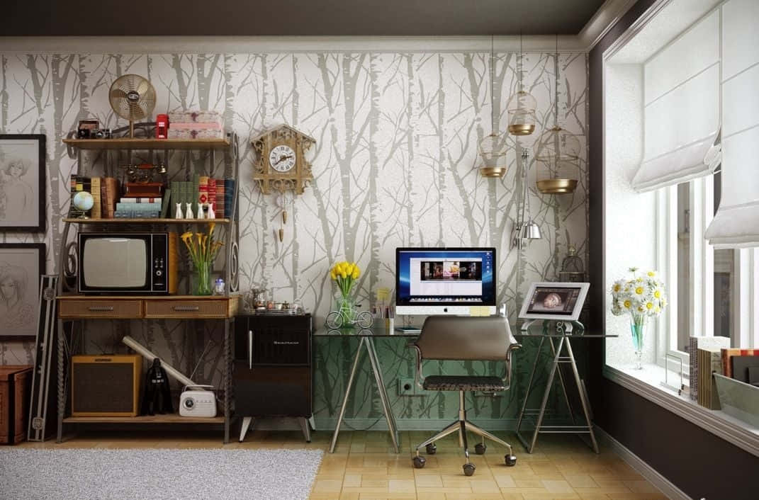 home office, birch tree wallpaper, vintage shelves, SD Desktop Wallpaper