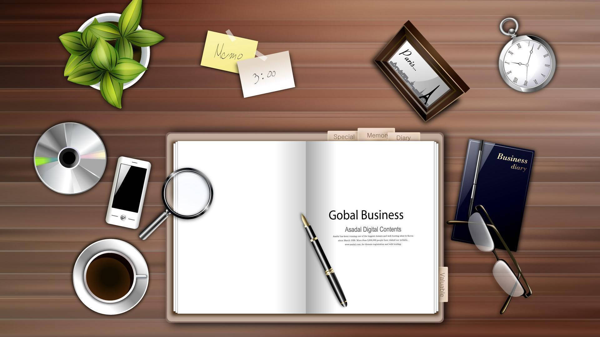 wooden desk, modern notebook, business book, Full HD Desktop Wallpaper