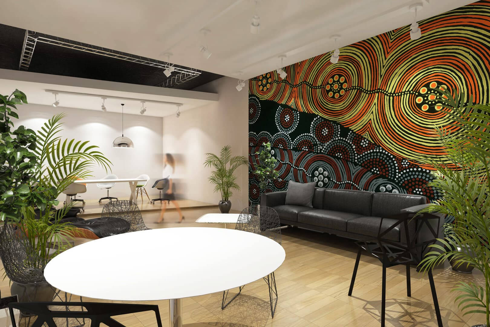 Aboriginal dot art, black leather sofa, white table, HD Desktop Wallpaper